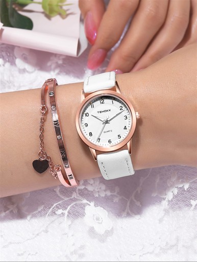 1pc Round Pointer Quartz Watch & 1pc Bracelet