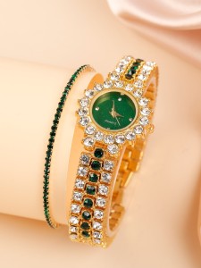 1pc Rhinestone Decor Quartz Watch & 1pc Bracelet