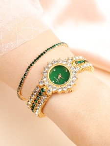 1pc Rhinestone Decor Quartz Watch & 1pc Bracelet