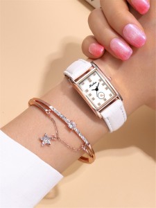 1pc Rhinestone Decor Rectangle Pointer Watch & 1pc Bracelet