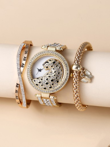 1pc Leopard Pattern Quartz Watch & 2pcs Bracelet