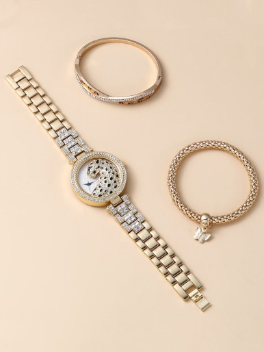 1pc Leopard Pattern Quartz Watch & 2pcs Bracelet