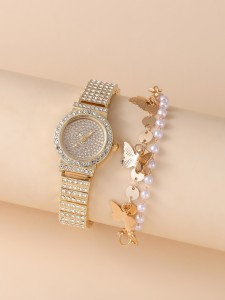 1pc Rhinestone Round Pointer Quartz Watch & 1pc Bracelet