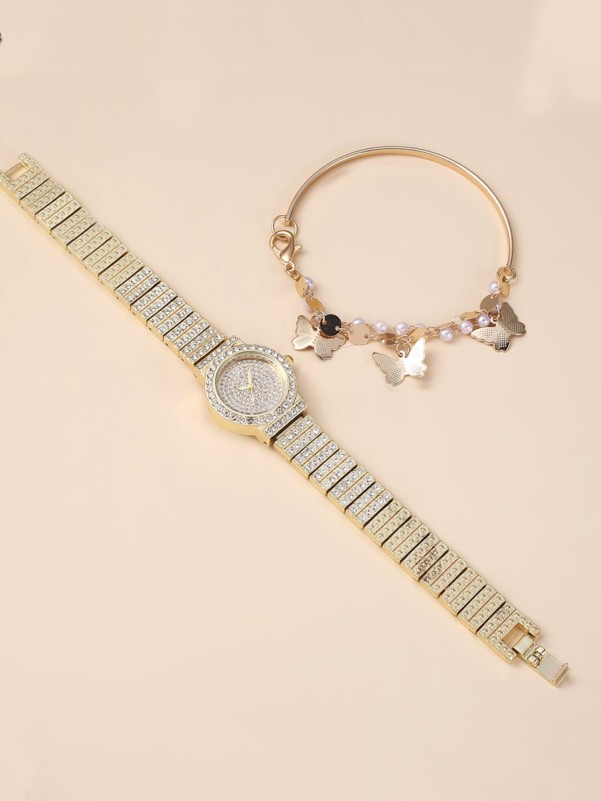 1pc Rhinestone Round Pointer Quartz Watch & 1pc Bracelet