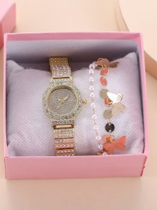 1pc Rhinestone Round Pointer Quartz Watch & 1pc Bracelet