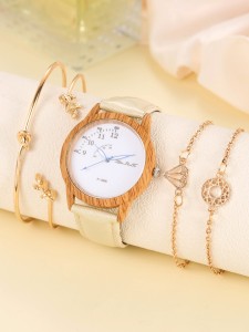 1pc Round Pointer Quartz Watch & 4pcs Bracelet