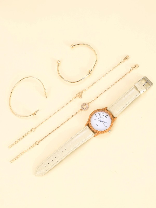 1pc Round Pointer Quartz Watch & 4pcs Bracelet