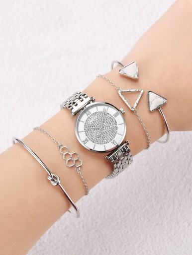 1pc Rhinestone Detail Quartz Watch & 4pcs Bracelet