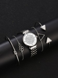 1pc Rhinestone Detail Quartz Watch & 4pcs Bracelet