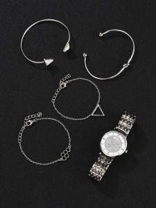 1pc Rhinestone Detail Quartz Watch & 4pcs Bracelet