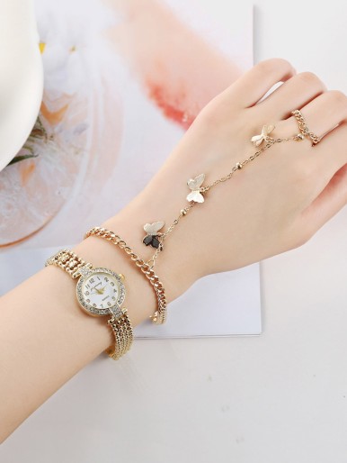 2pcs Rhinestone Decor Quartz Watch & Bracelet Set