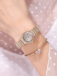 1pc Rhinestone Decor Quartz Watch & 1pc Bracelet