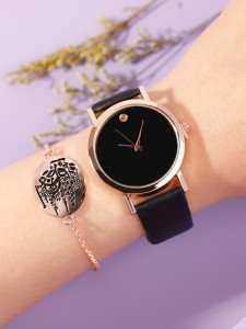 1pc Round Pointer Quartz Watch & 1pc Bracelet