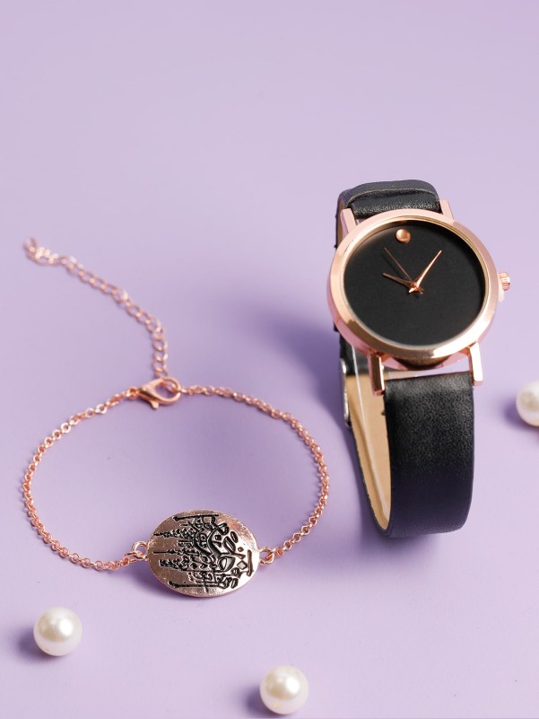 1pc Round Pointer Quartz Watch & 1pc Bracelet