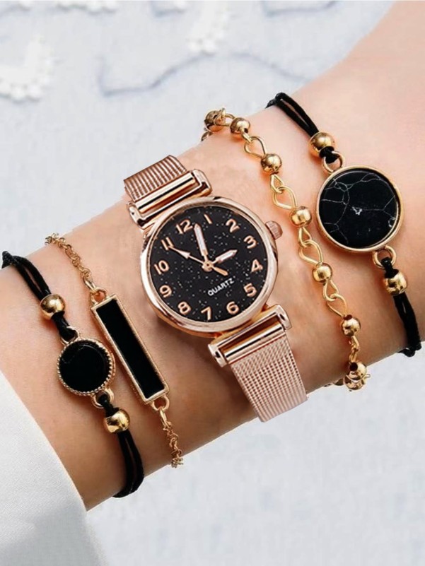 1pc Mesh Strap Round Pointer Watch & 4pcs Bracelet