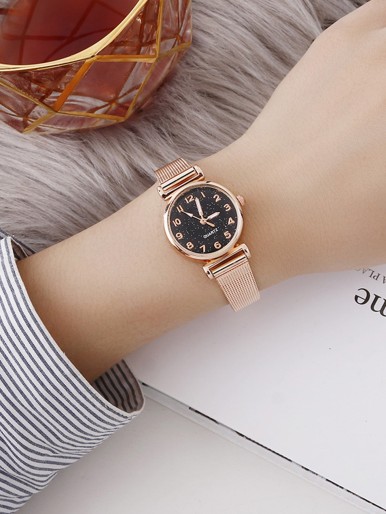 1pc Mesh Strap Round Pointer Watch & 4pcs Bracelet