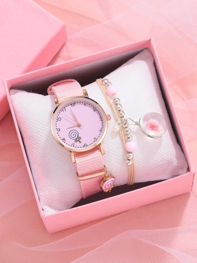 1pc Kids Canvas Strap Quartz Watch & 1pc Bracelet