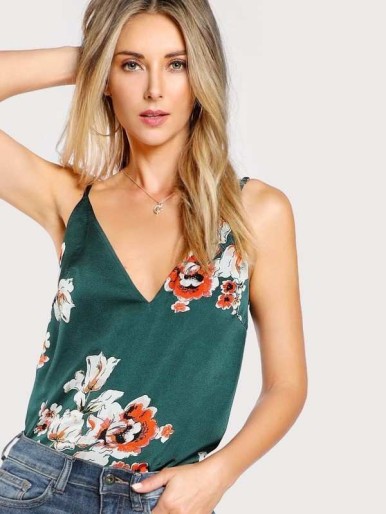 Flower Print Double V Neck Cami Top