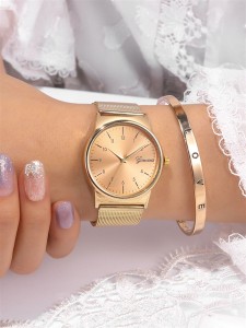 1pc Round Pointer Quartz Watch & 1pc Bracelet