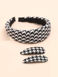 Houndstooth Pattern Hair Hoop & 2pcs Hair Clip