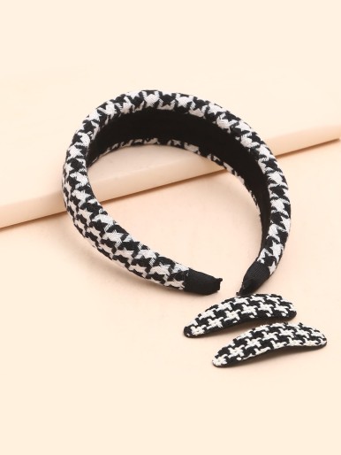 Houndstooth Pattern Hair Hoop & 2pcs Hair Clip