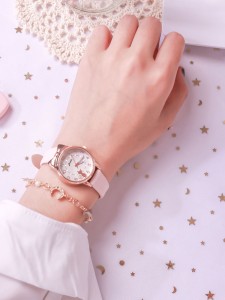 1pc Cat Pattern Round Pointer Quartz Watch & 1pc Bracelet