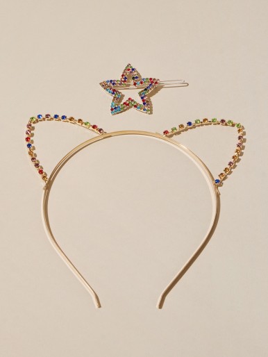 2pcs Colorful Rhinestone Decor Star Shaped Hair Accessory