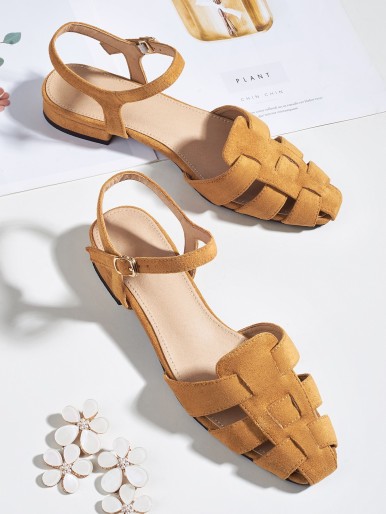 Caged Toe Ankle Strap Suedette Flats