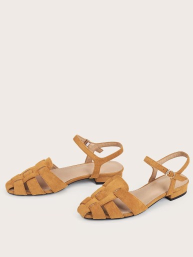 Caged Toe Ankle Strap Suedette Flats