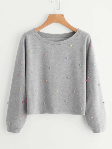 Colorful Pearl Beading Heather Knit Pullover