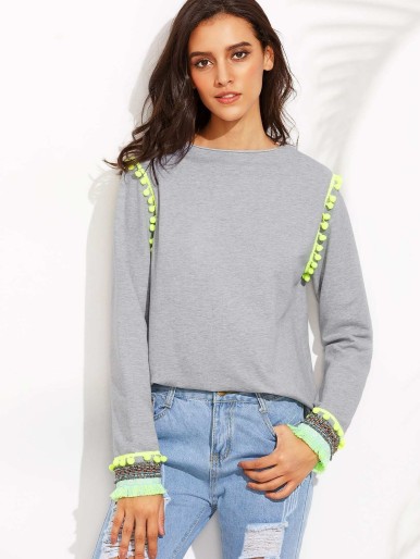 Heather Grey Pom Pom Raw Edge Sweatshirt With Embroidered Cuff