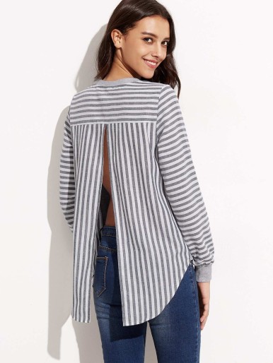 Grey Mixed Media Striped Split Back Sweatshirt