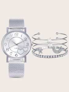 1pc Heart Pattern Dial Quartz Watch& 4pcs Bracelet