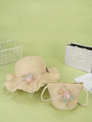 Girls Bow Decor Straw Bag With Hat