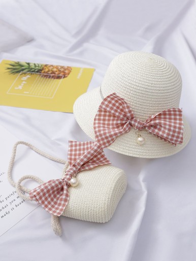 Girls Bow Decor Straw Bag With Hat