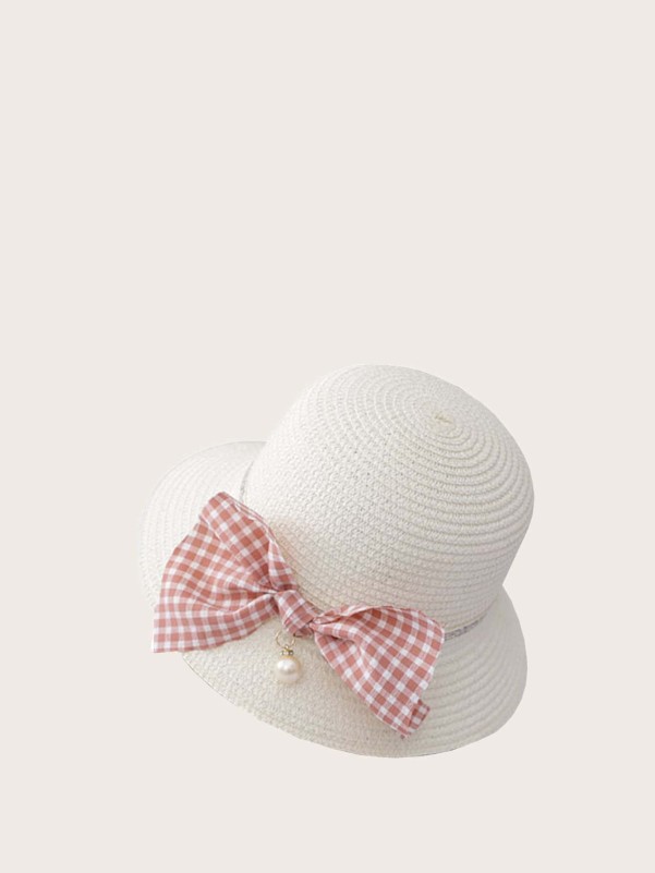 Girls Bow Decor Straw Bag With Hat