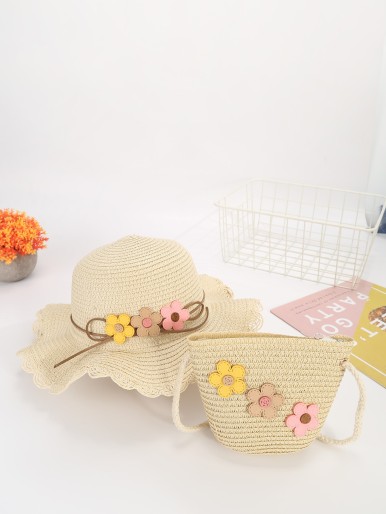 Girls Floral Appliques Straw Bag With Hat