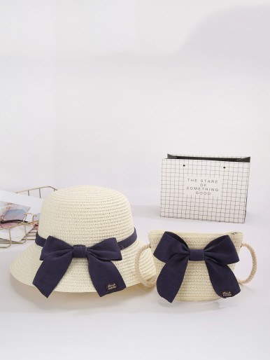 Girls Bow Decor Crossbody Bag With Hat