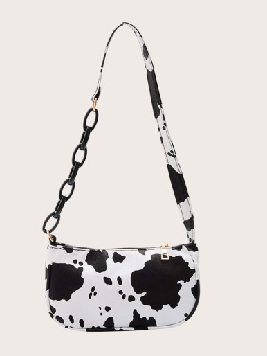 Girls Chain Decor Cow Pattern Shoulder Bag