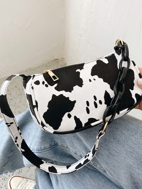 Girls Chain Decor Cow Pattern Shoulder Bag