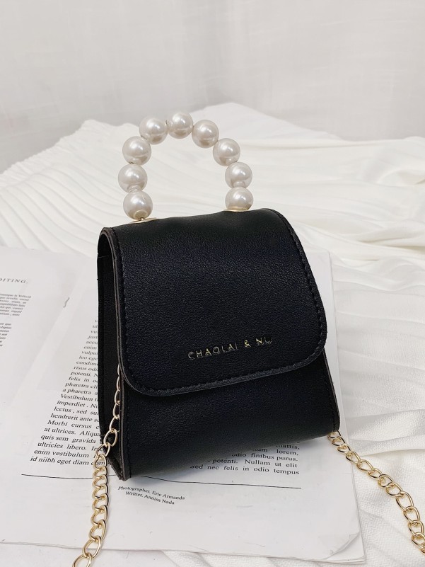 Girls Faux Pearl Decor Flap Satchel Bag