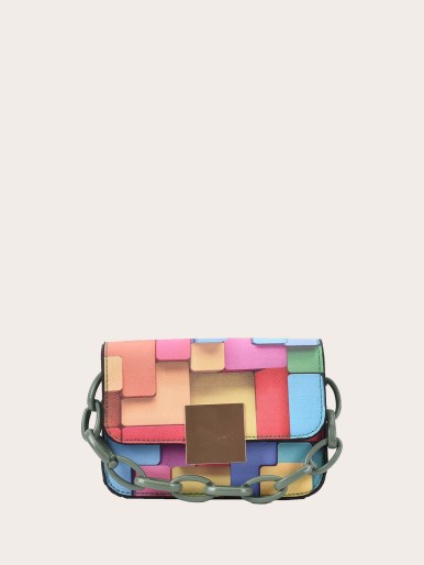 Girls Color Block Chain Satchel Bag