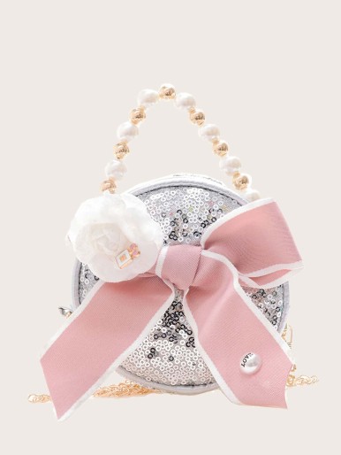 Girls Bow Decor Sequin Circle Bag