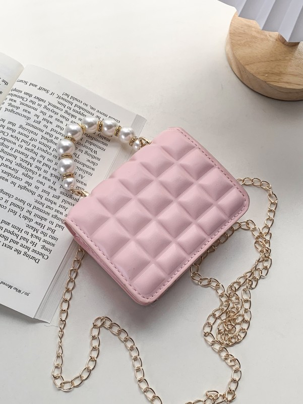 Girls Faux Pearl Decor Quilted Chain Bag