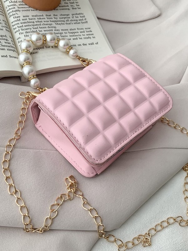 Girls Faux Pearl Decor Quilted Chain Bag