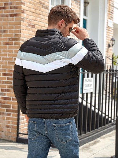 Men Contrast Panel Raglan Sleeve Zipper Winter Coat