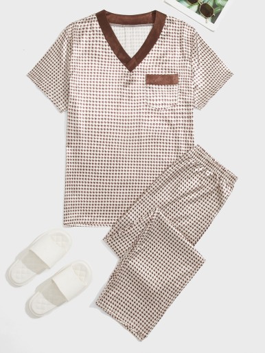 Men Houndstooth Contrast Trim Satin PJ Set