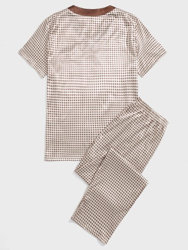 Men Houndstooth Contrast Trim Satin PJ Set