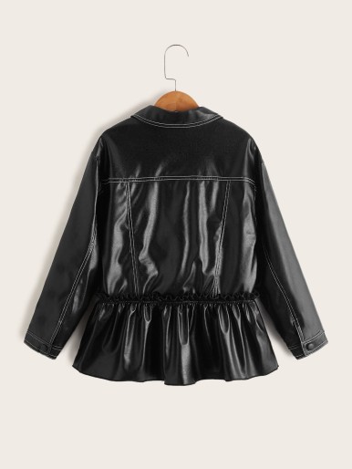 Girls Top-stitching Ruffle Hem PU Leather Coat