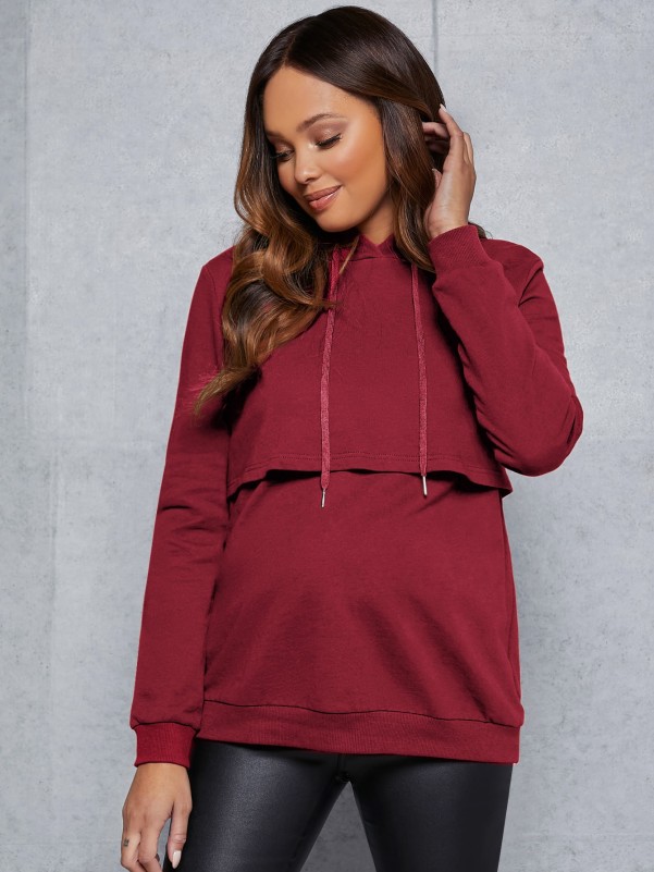 Maternity Drawstring Detail Solid Hoodie